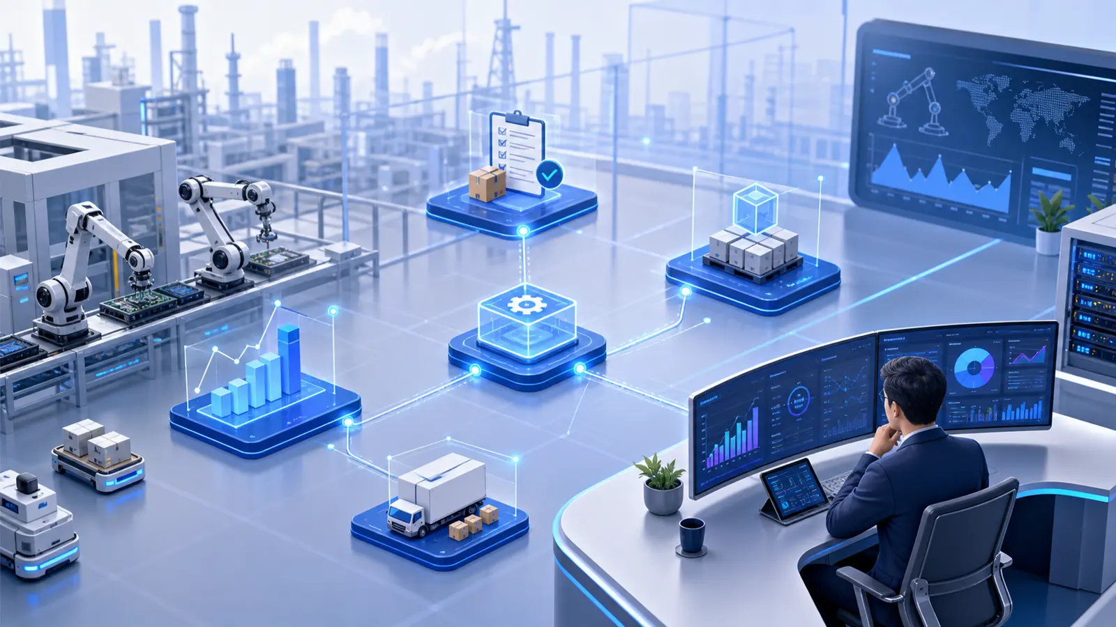 Minh họa RPA kết nối dữ liệu và quy trình trong nhà máy thông minh