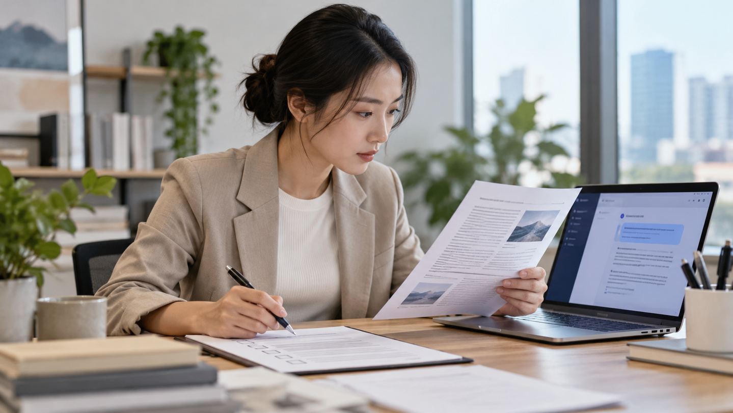 Người dùng đối chiếu bản tóm tắt AI với tài liệu gốc và checklist xác minh